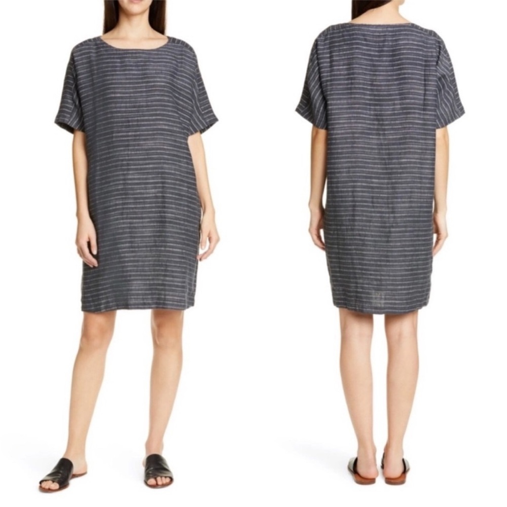 Eileen Fisher Organic Linen Scoop Neck Tunic Dress Graphite Gray Size SP
